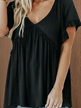 Women’s Black V-Neck Ruffle Sleeve Babydoll Top Size Large